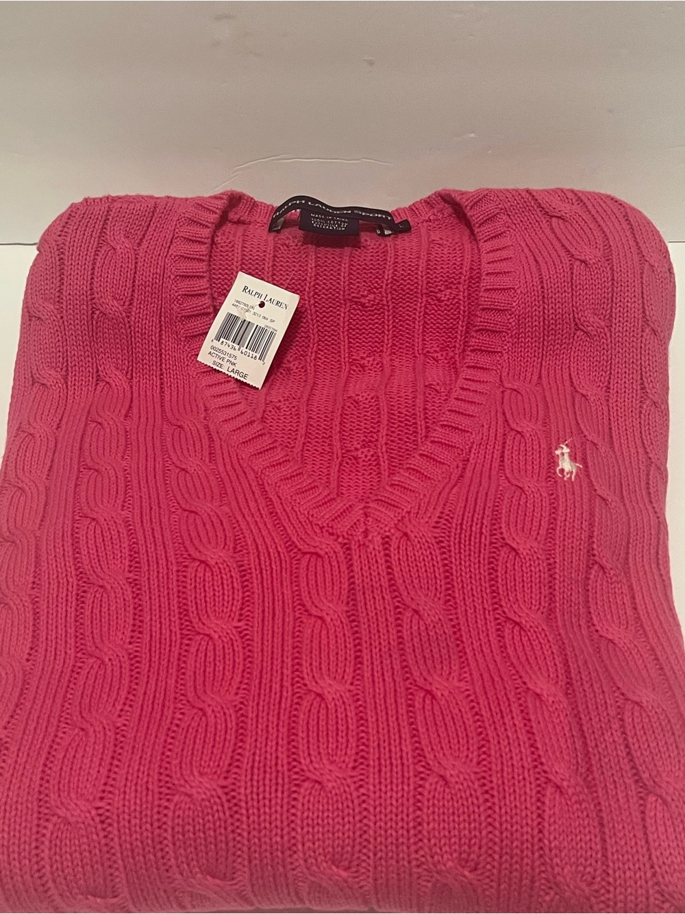 Ralph Lauren Sport Rose Cable-Knit V-Neck Sweater Large